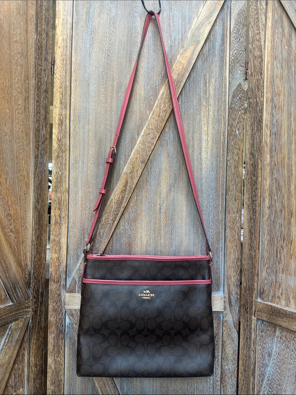 Coach Brown Signature Zip File Crossbody Bag Pink Trim PROJECT BAG